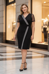 Gümüş Şerit Detaylı Kruvaze Siyah Elbise 