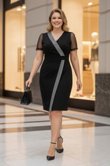 Gümüş Şerit Detaylı Kruvaze Siyah Elbise 