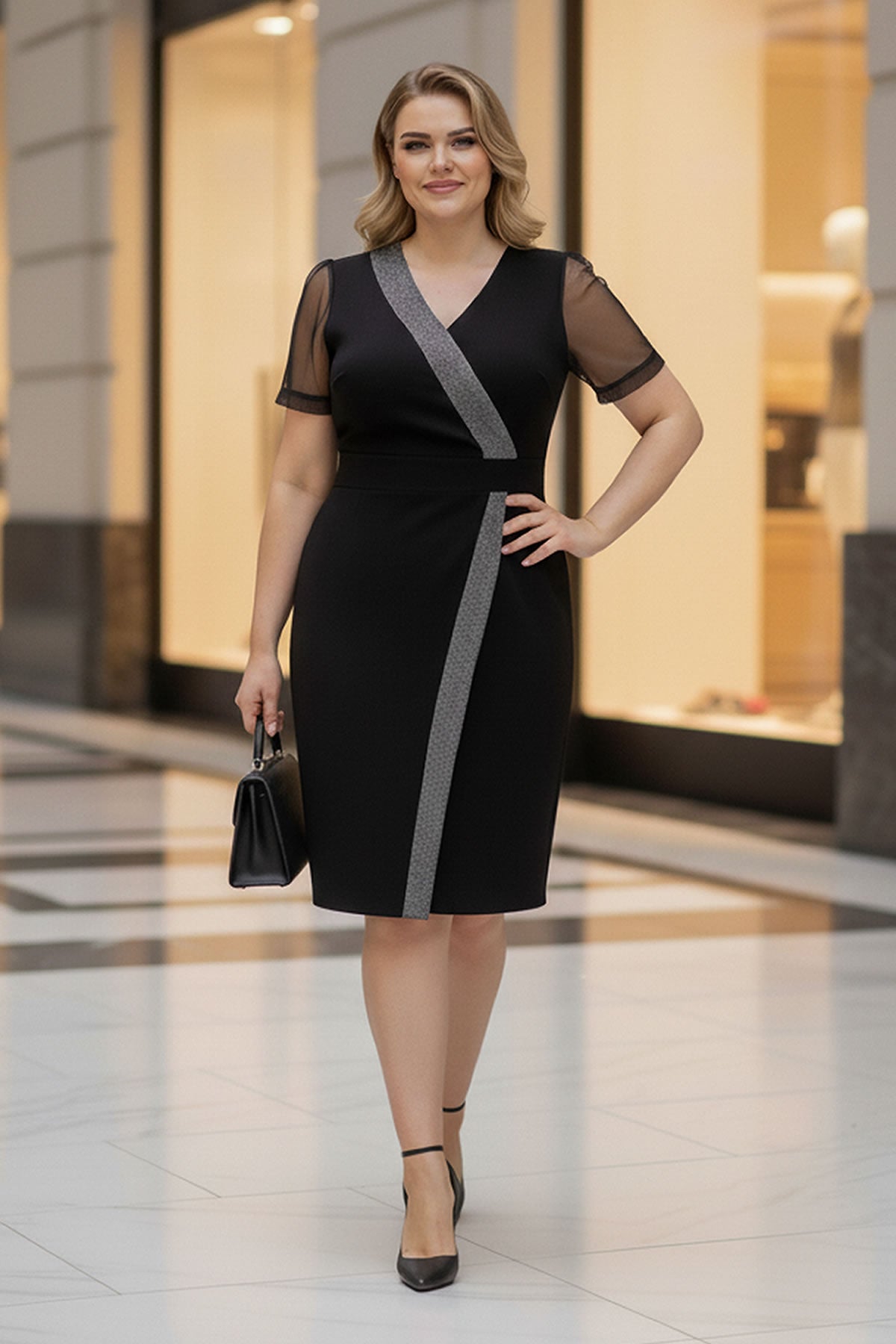 Gümüş Şerit Detaylı Kruvaze Siyah Elbise 