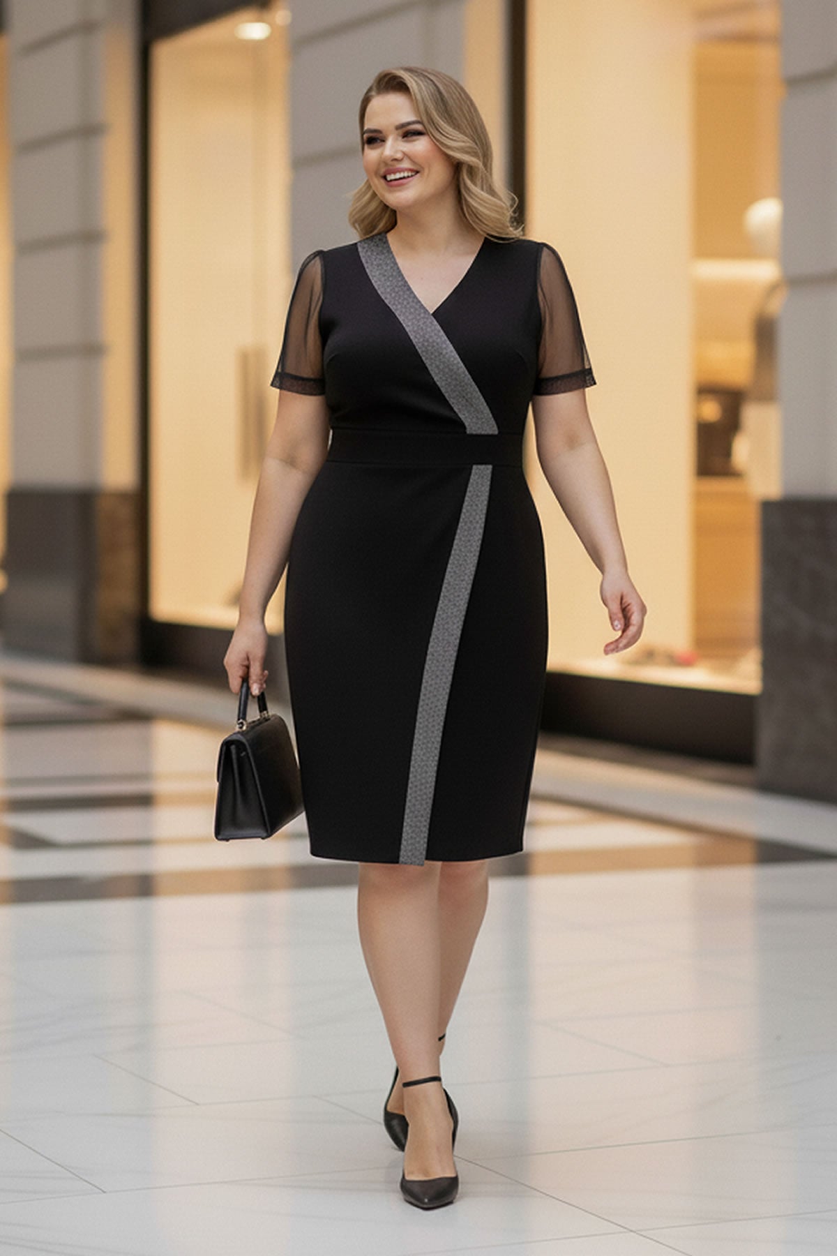 Gümüş Şerit Detaylı Kruvaze Siyah Elbise 