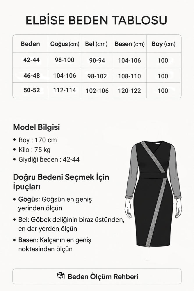 Gümüş Şerit Detaylı Kruvaze Siyah Elbise 