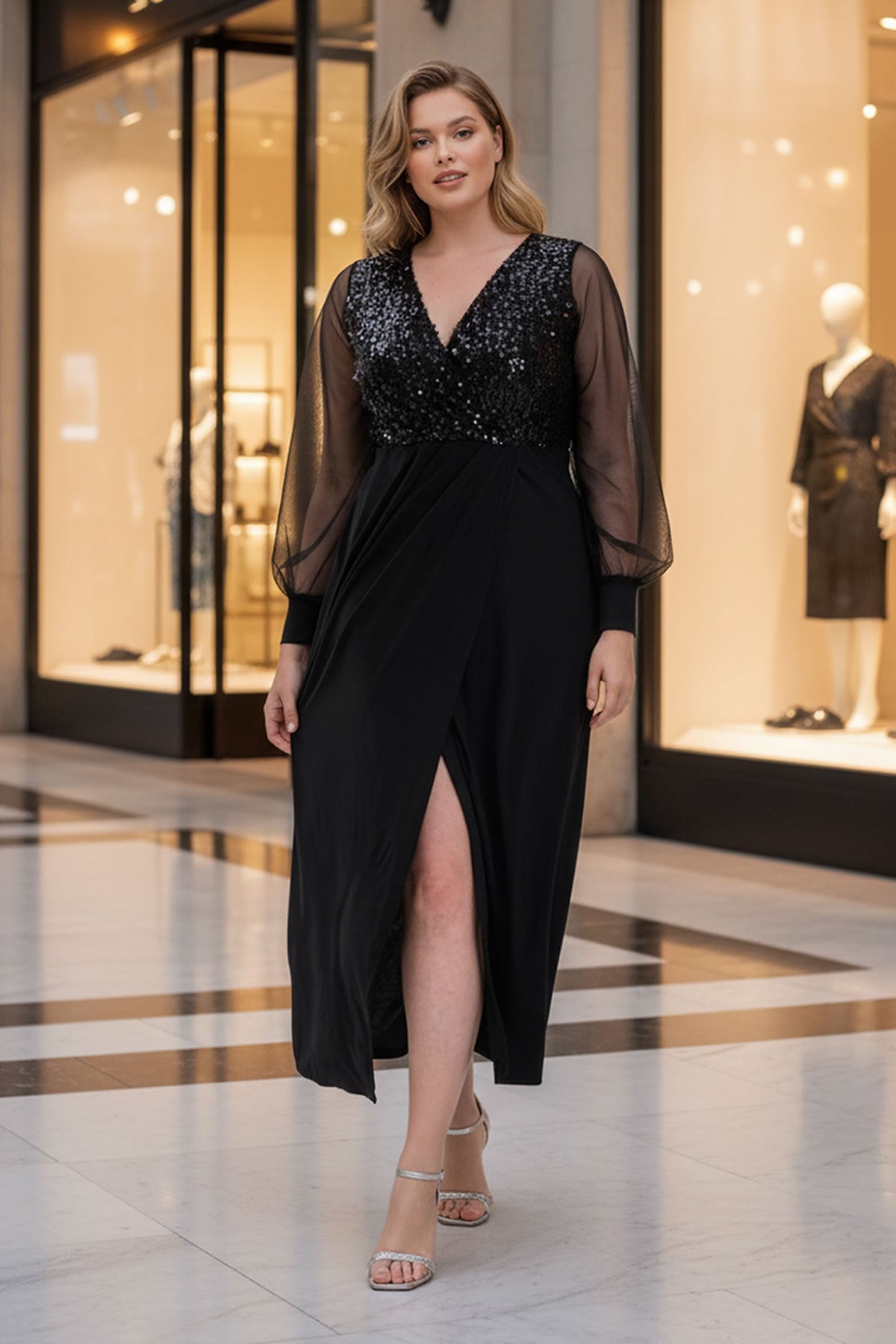 Kruvaze Yaka Payetli İçi Astarlı Elbise 