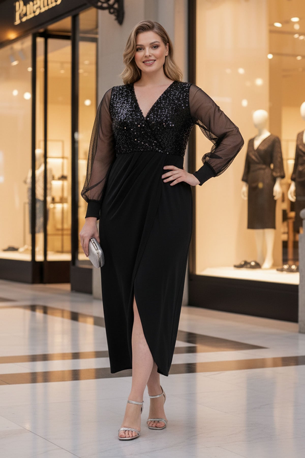 Kruvaze Yaka Payetli İçi Astarlı Elbise 