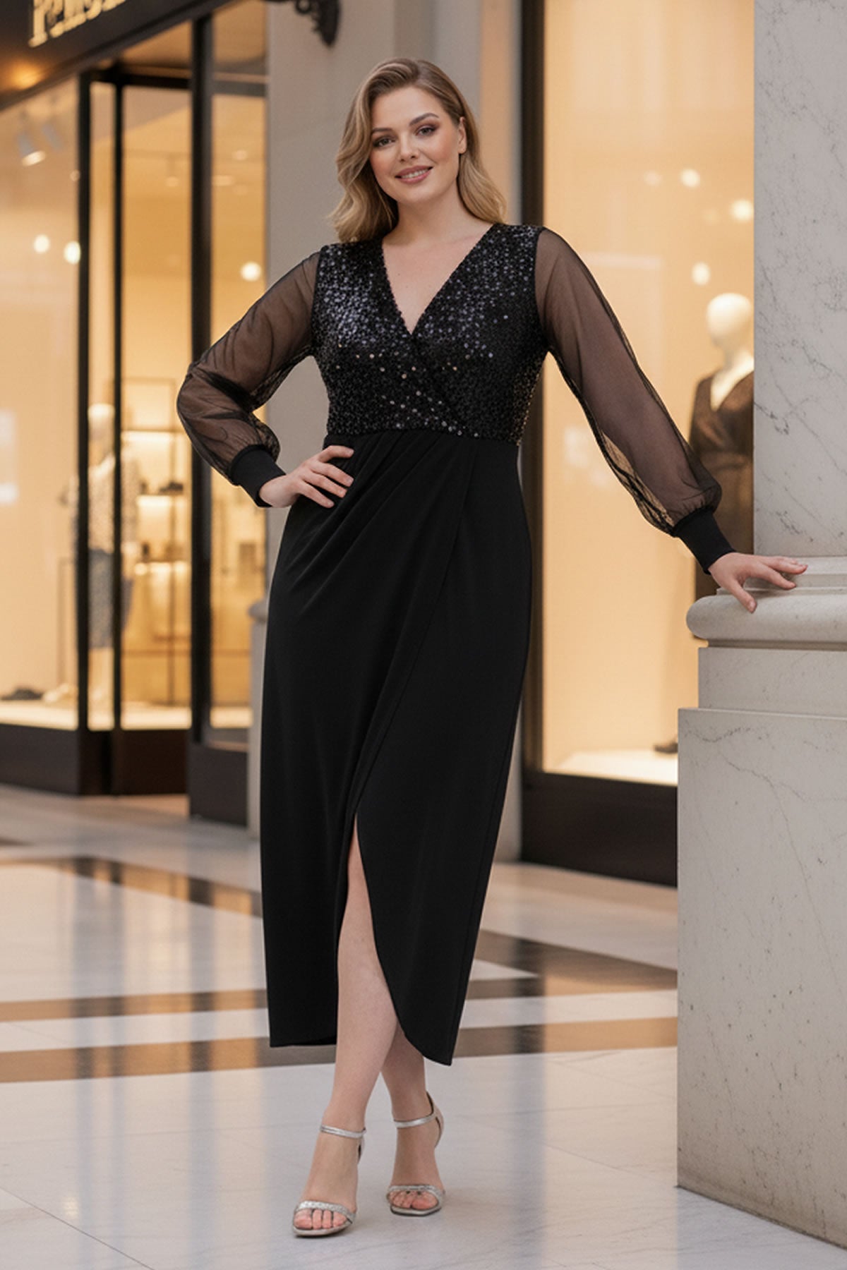 Kruvaze Yaka Payetli İçi Astarlı Elbise 