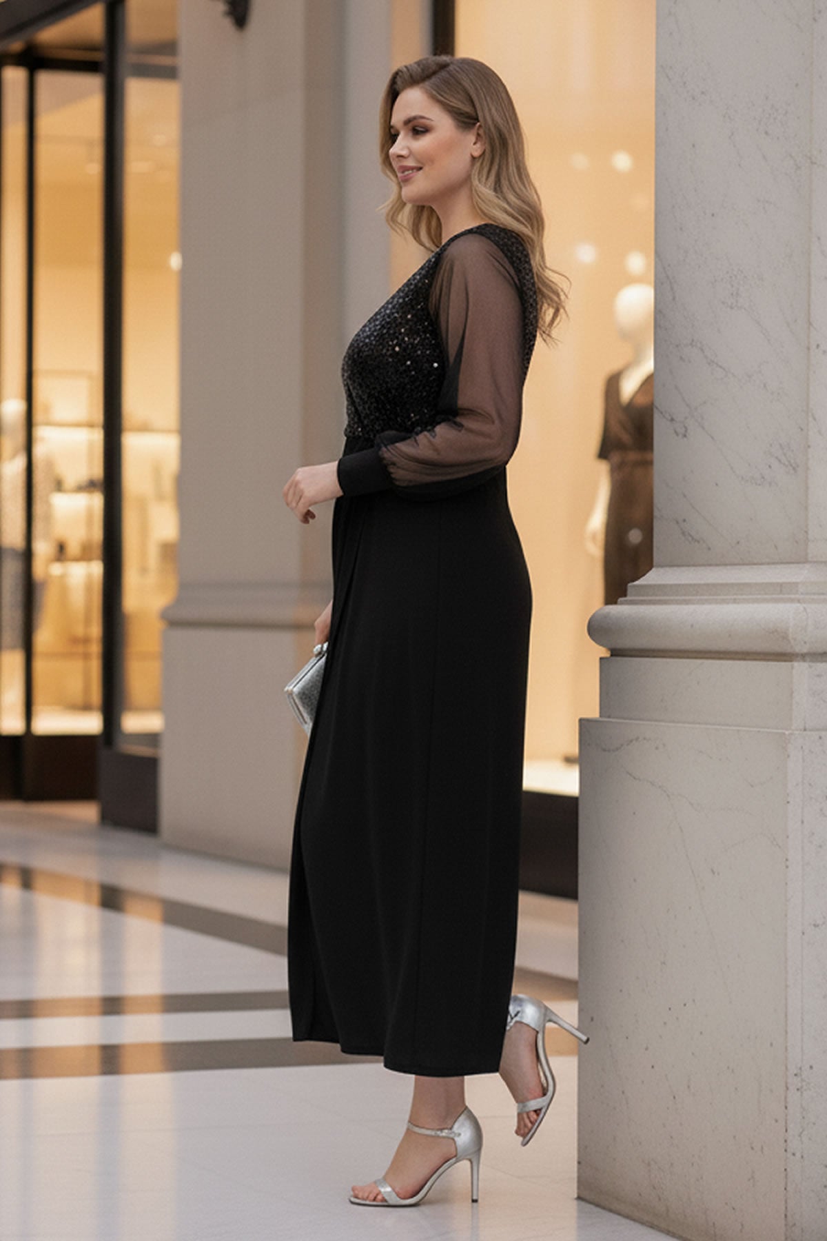 Kruvaze Yaka Payetli İçi Astarlı Elbise 