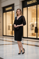 Kruvaze Yaka Payetli Yırtmaç Detaylı Elbise