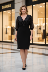 Kruvaze Yaka Payetli Yırtmaç Detaylı Elbise