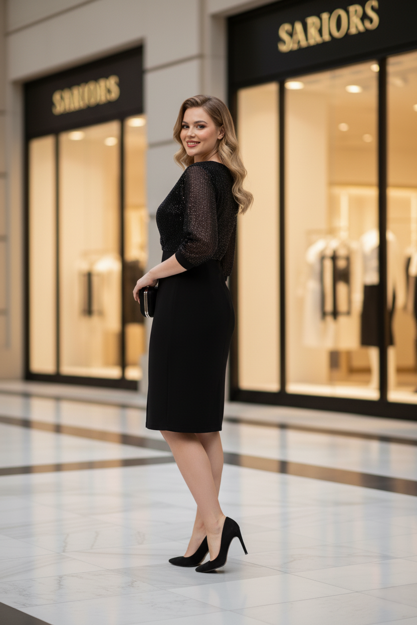 Kruvaze Yaka Payetli Yırtmaç Detaylı Elbise