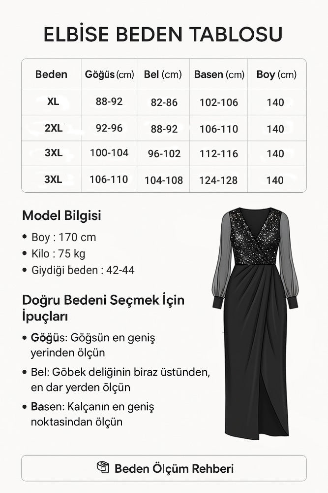 Kruvaze Yaka Payetli İçi Astarlı Elbise 